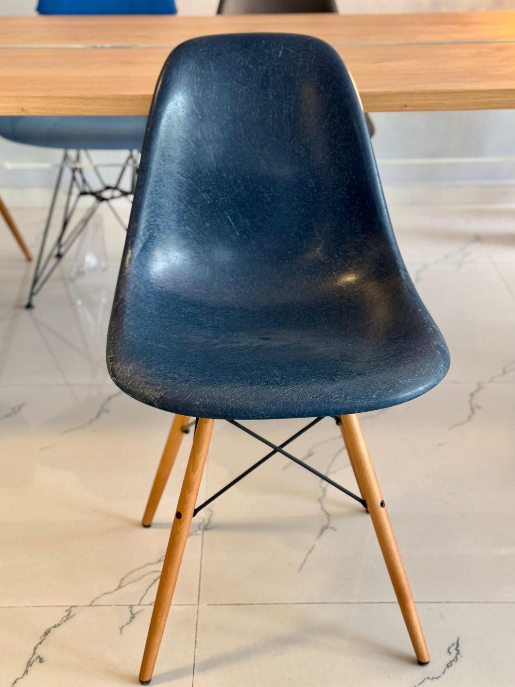 Eames Fiber Chair, Dark Blue Maple (set of 3)